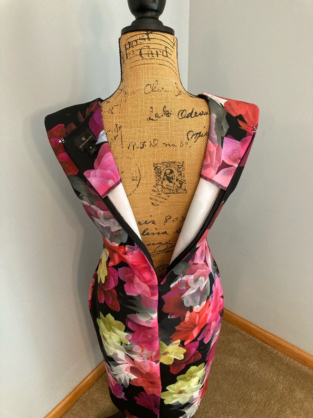 Worthington Black Midi Dress with Pink Red Yellow Floral Print Women Sz 8 - Picture 4 of 13